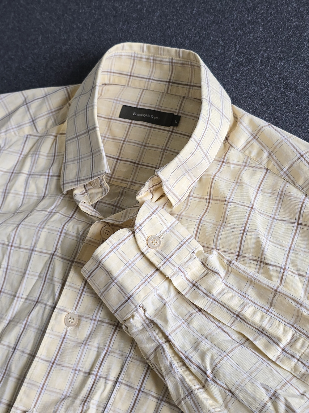 Ermenegildo Zegna Plaid Hidden Button-Down Shirt Men's Large Yellow Long Sleeves